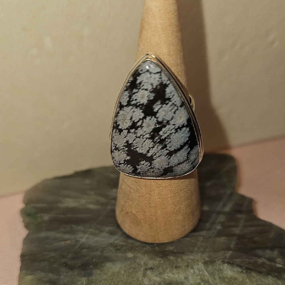 Black and Silver Statement Ring with Snowflake Obsidian